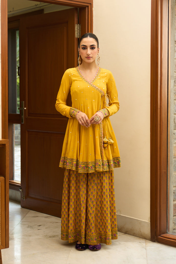 Saanjh block printed mustard angrakha with sharara and bandhej dupatta( set of 3)