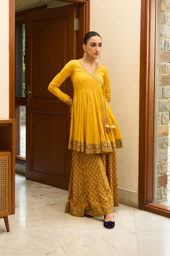 Saanjh block printed mustard angrakha with sharara and bandhej dupatta( set of 3)