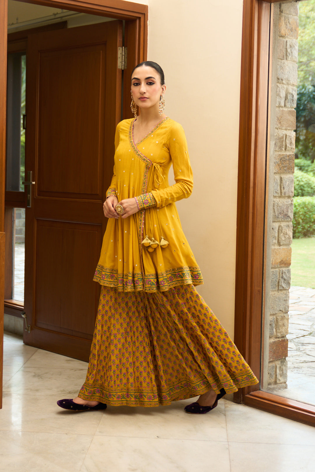 Saanjh block printed mustard angrakha with sharara and bandhej dupatta( set of 3)