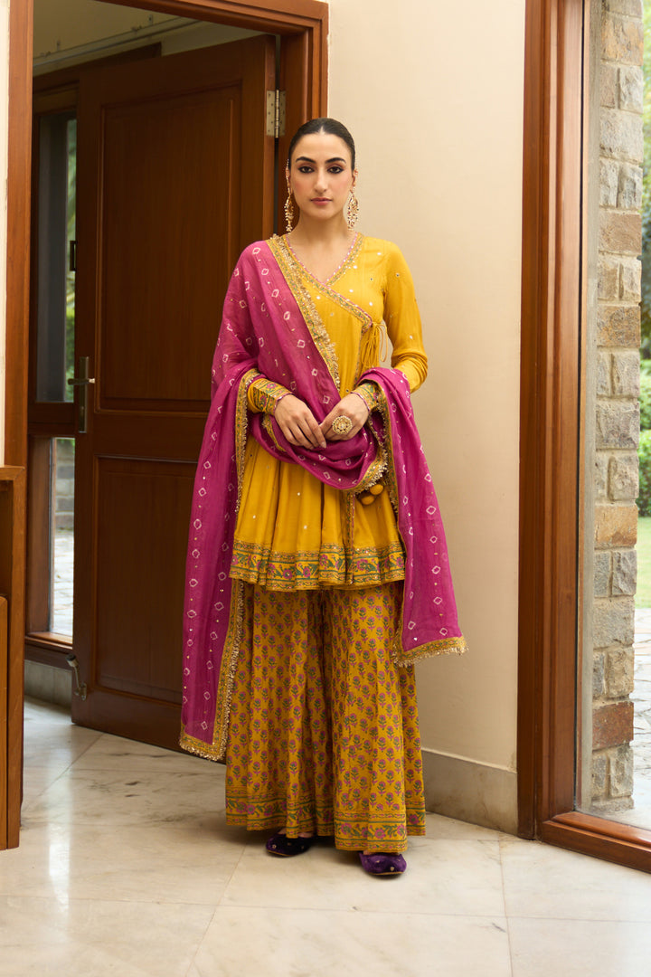 Saanjh block printed mustard angrakha with sharara and bandhej dupatta( set of 3)