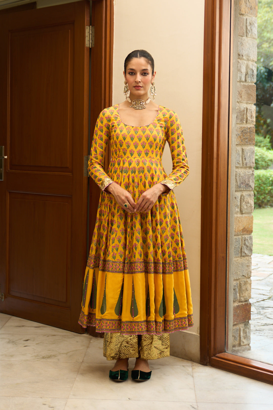 Saanjh block printed mustard anarkali with palazzo and bandhej dupatta ( set of 3)