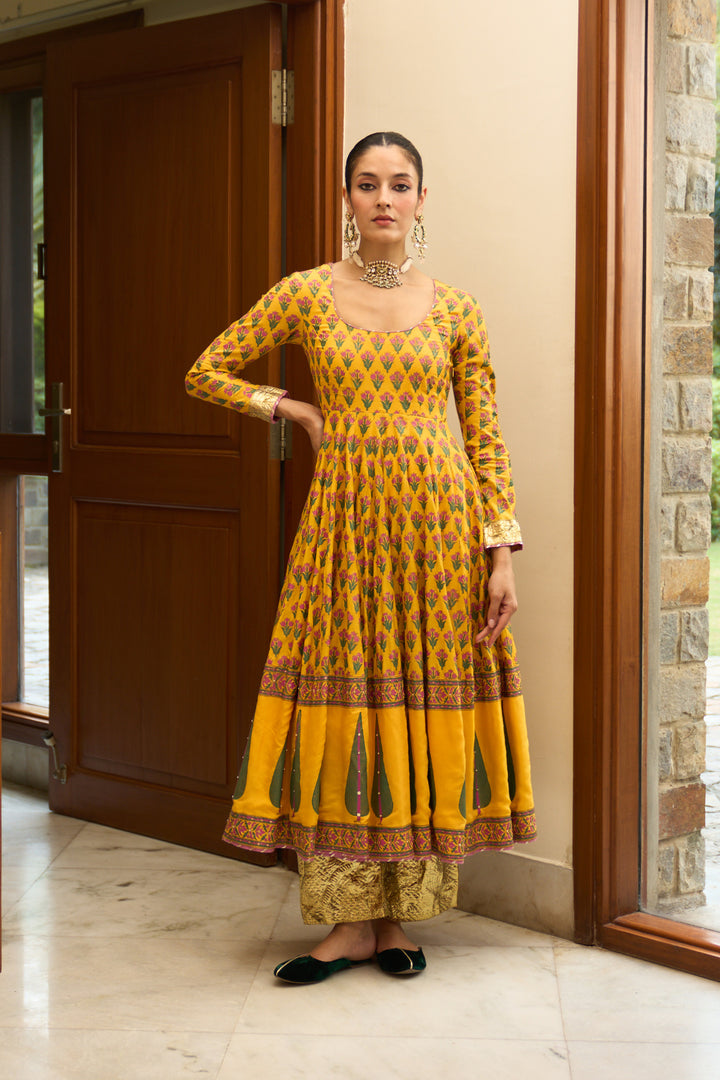 Saanjh block printed mustard anarkali with palazzo and bandhej dupatta ( set of 3)