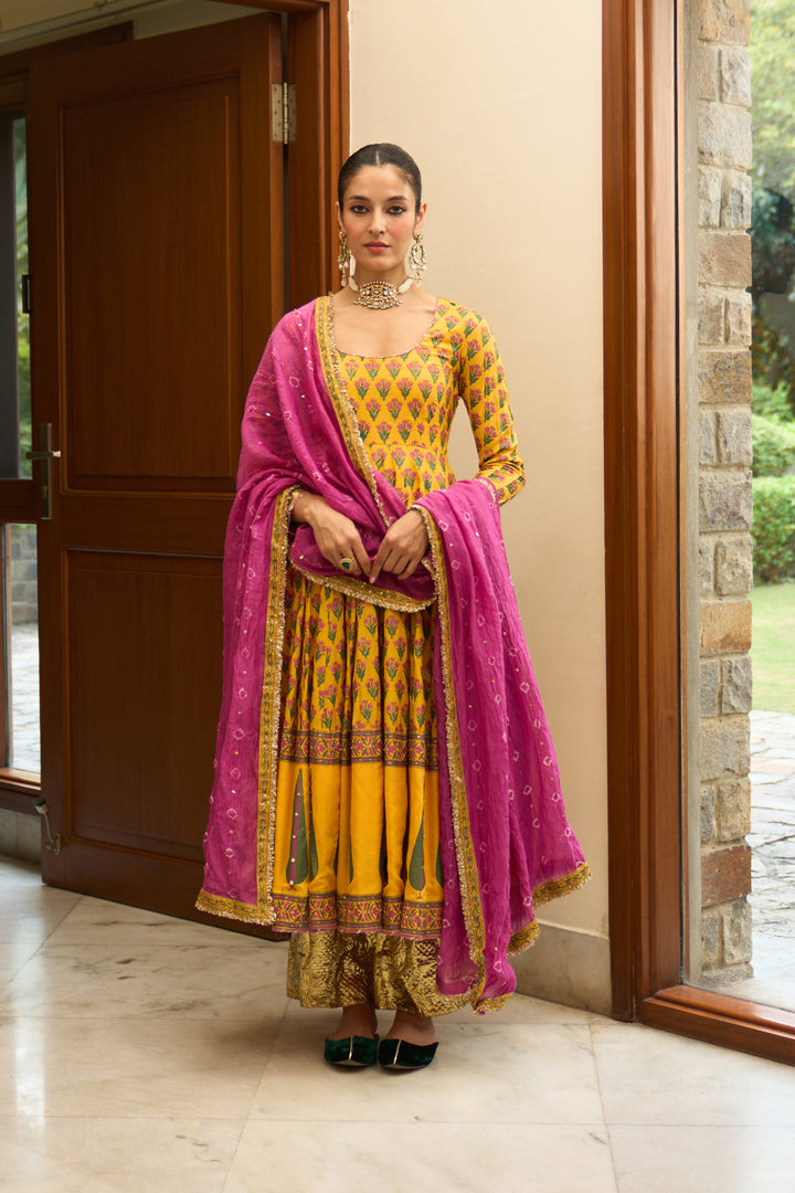 Saanjh block printed mustard anarkali with palazzo and bandhej dupatta ( set of 3)
