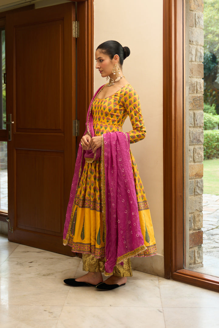 Saanjh block printed mustard anarkali with palazzo and bandhej dupatta ( set of 3)