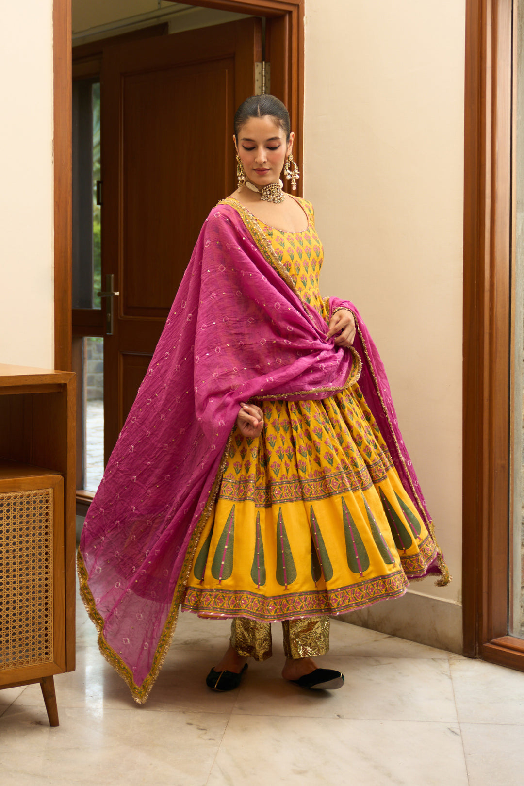 Saanjh block printed mustard anarkali with palazzo and bandhej dupatta ( set of 3)