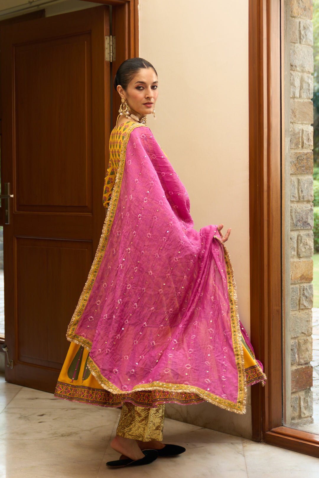 Saanjh block printed mustard anarkali with palazzo and bandhej dupatta ( set of 3)