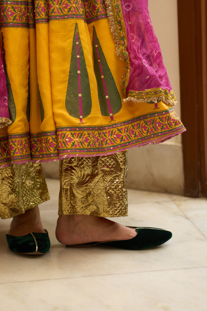 Saanjh block printed mustard anarkali with palazzo and bandhej dupatta ( set of 3)