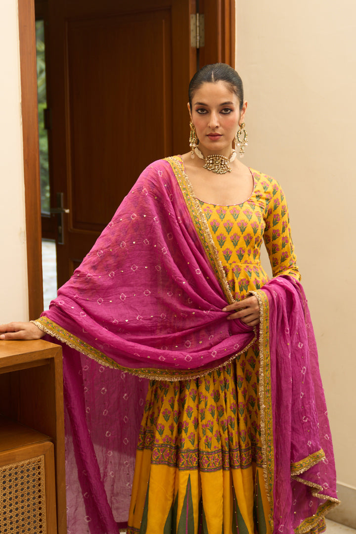 Saanjh block printed mustard anarkali with palazzo and bandhej dupatta ( set of 3)