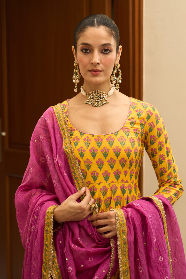 Saanjh block printed mustard anarkali with palazzo and bandhej dupatta ( set of 3)