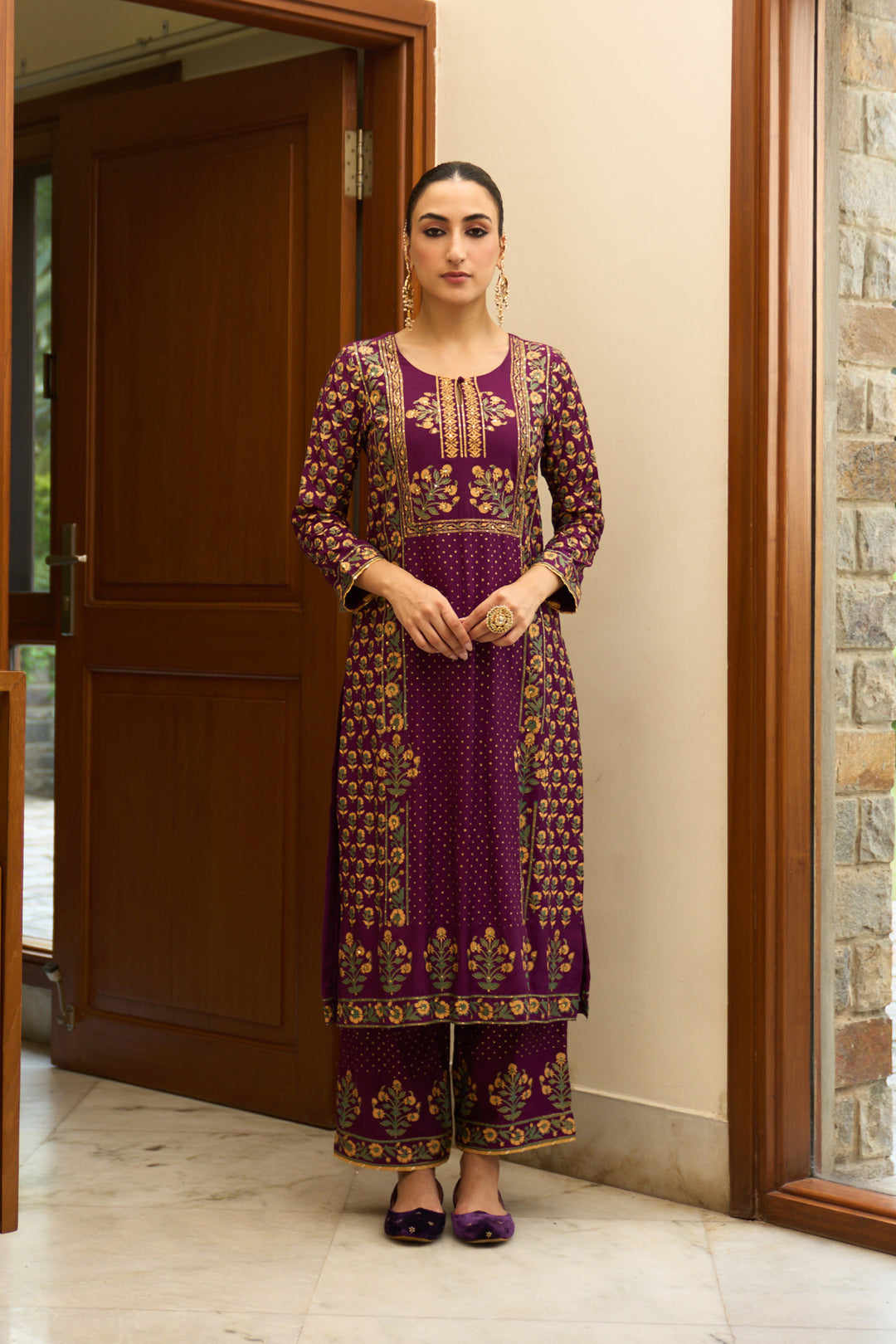 Saanjh block printed purple straight kurta with palazzo and bandhej dupatta ( set of 3)