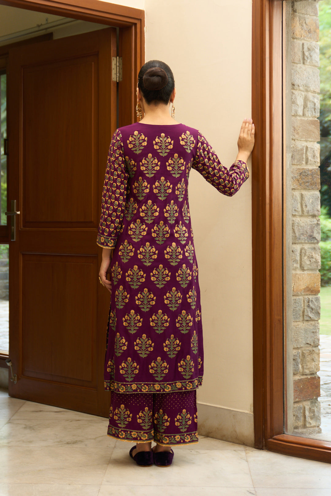 Saanjh block printed purple straight kurta with palazzo and bandhej dupatta ( set of 3)