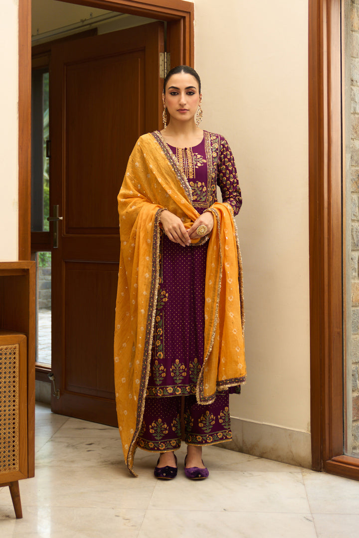 Saanjh block printed purple straight kurta with palazzo and bandhej dupatta ( set of 3)