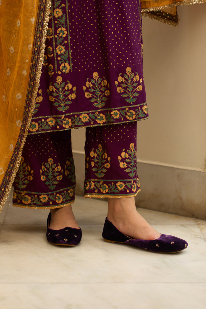 Saanjh block printed purple straight kurta with palazzo and bandhej dupatta ( set of 3)