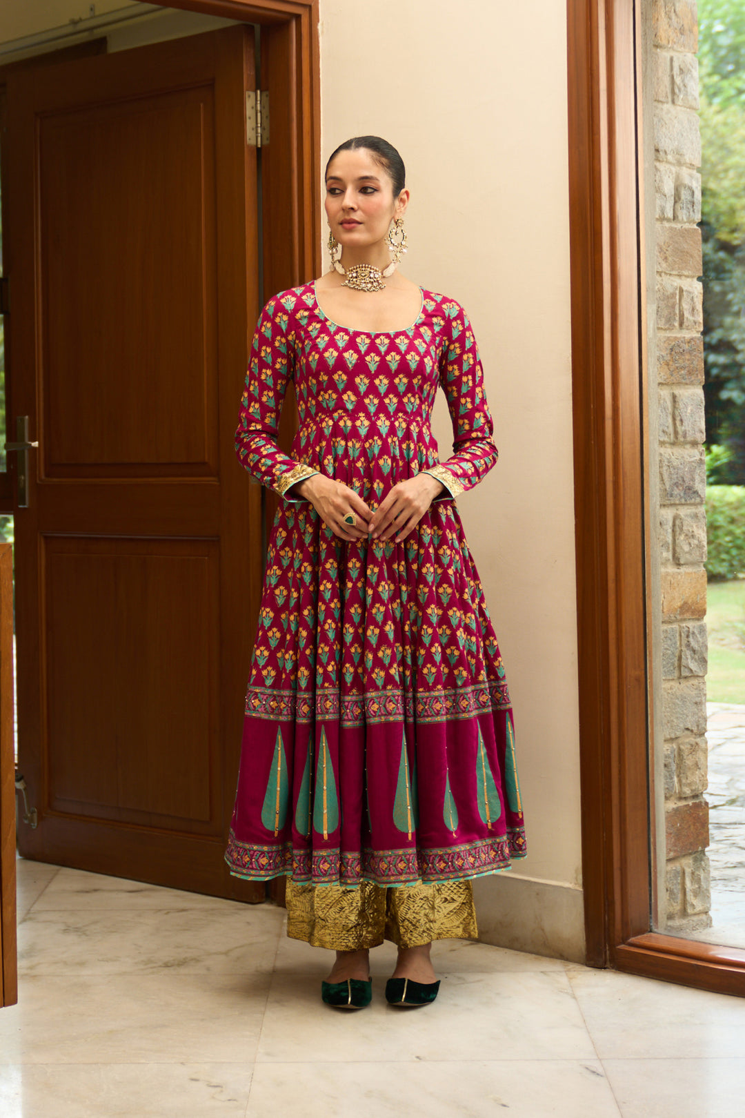 Saanjh block printed rani pink anarkali with palazzo and bandhej dupatta ( set of 3)