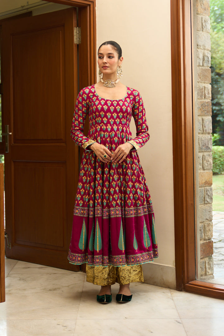 Saanjh block printed rani pink anarkali with palazzo and bandhej dupatta ( set of 3)