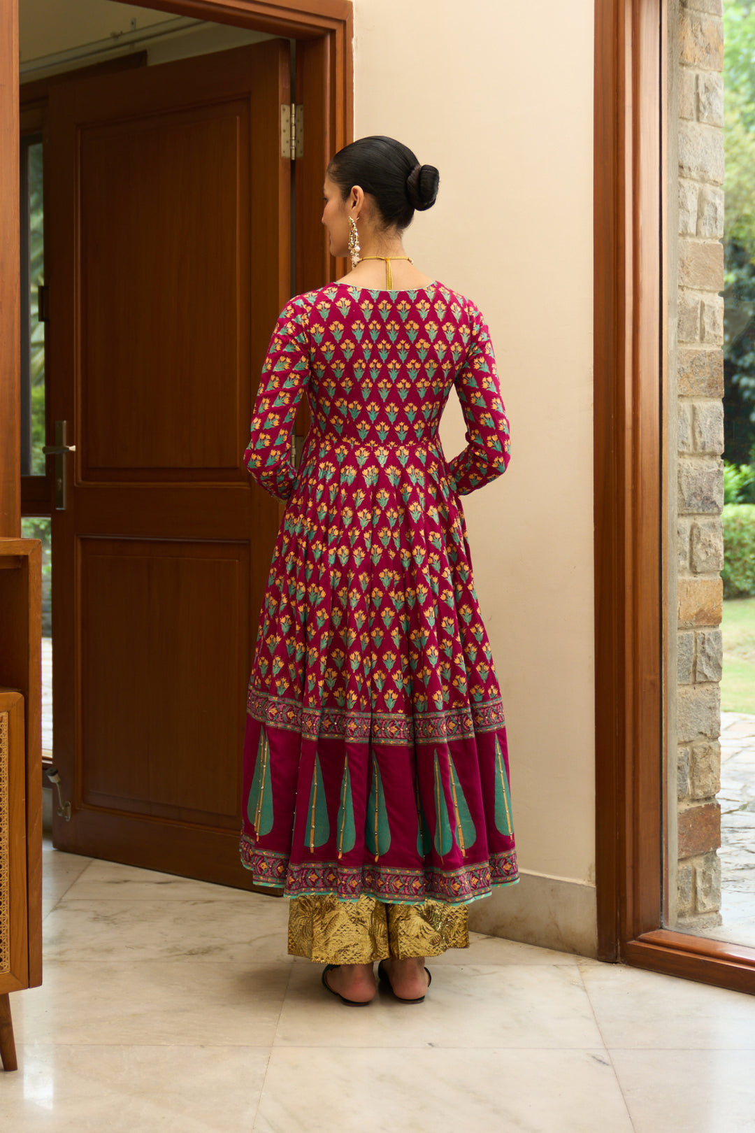 Saanjh block printed rani pink anarkali with palazzo and bandhej dupatta ( set of 3)