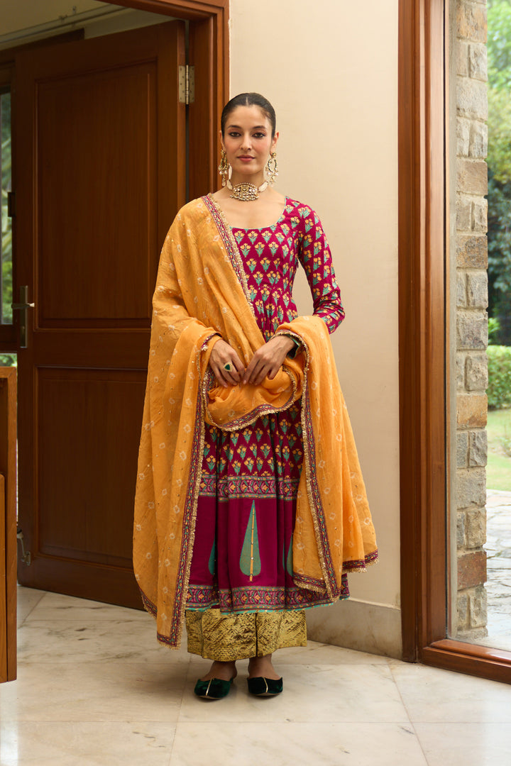 Saanjh block printed rani pink anarkali with palazzo and bandhej dupatta ( set of 3)