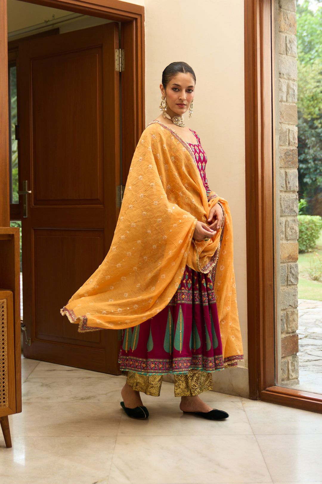 Saanjh block printed rani pink anarkali with palazzo and bandhej dupatta ( set of 3)