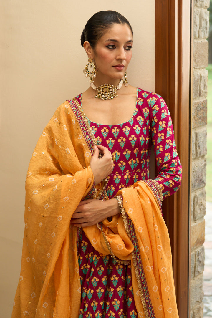 Saanjh block printed rani pink anarkali with palazzo and bandhej dupatta ( set of 3)
