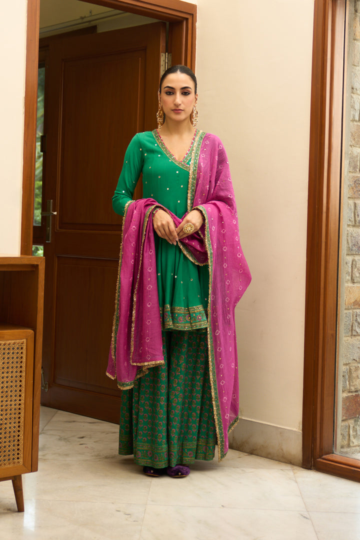 Saanjh block printed green angrakha with sharara and bandhej dupatta( set of 3)