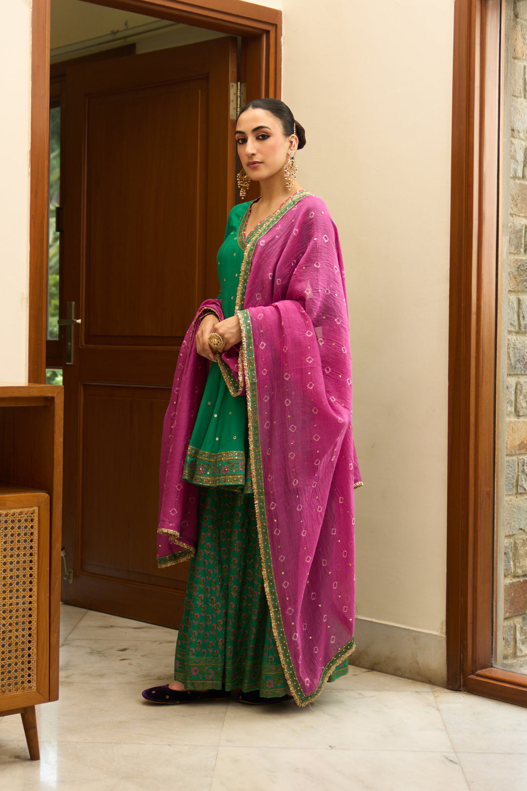 Saanjh block printed green angrakha with sharara and bandhej dupatta( set of 3)
