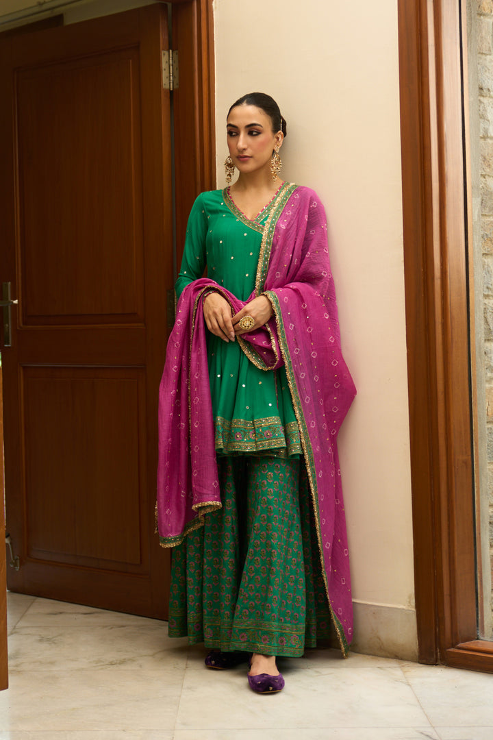 Saanjh block printed green angrakha with sharara and bandhej dupatta( set of 3)