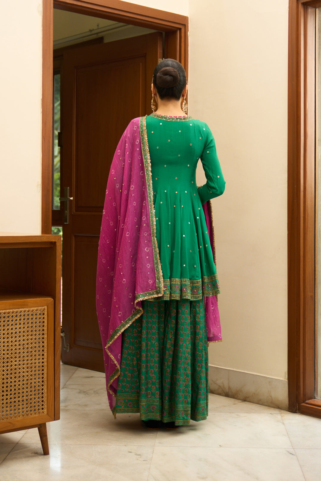 Saanjh block printed green angrakha with sharara and bandhej dupatta( set of 3)