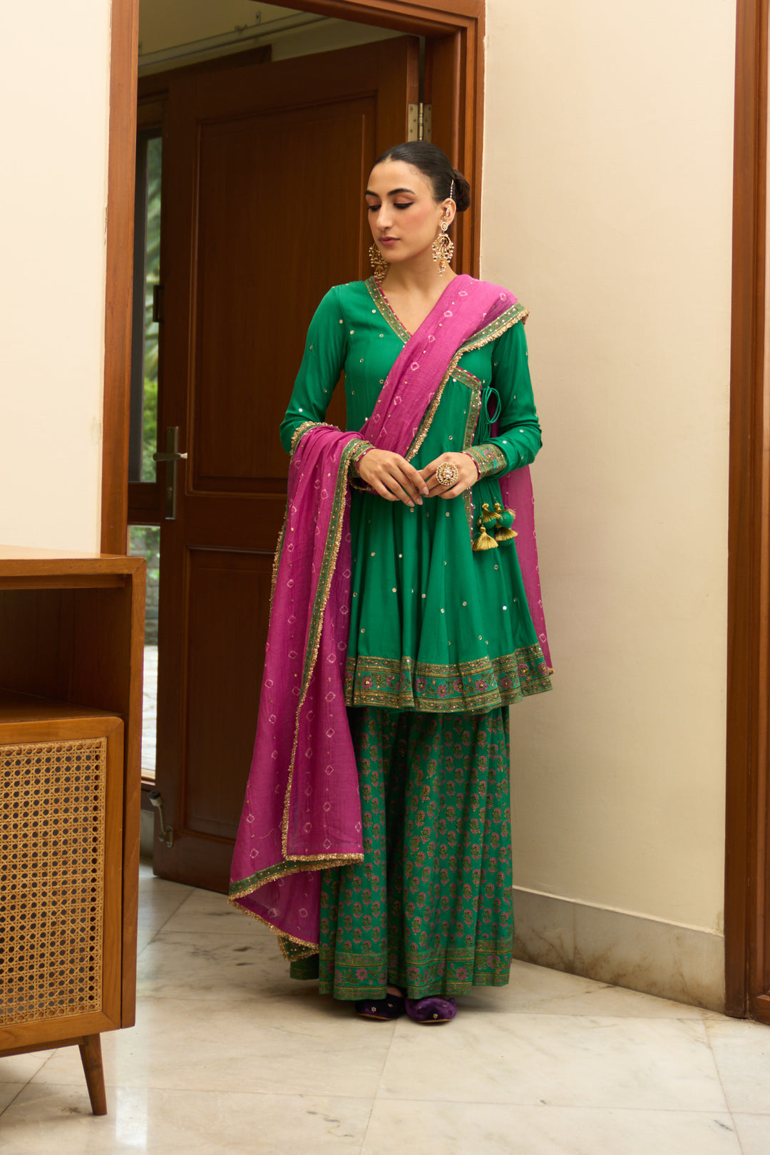 Saanjh block printed green angrakha with sharara and bandhej dupatta( set of 3)