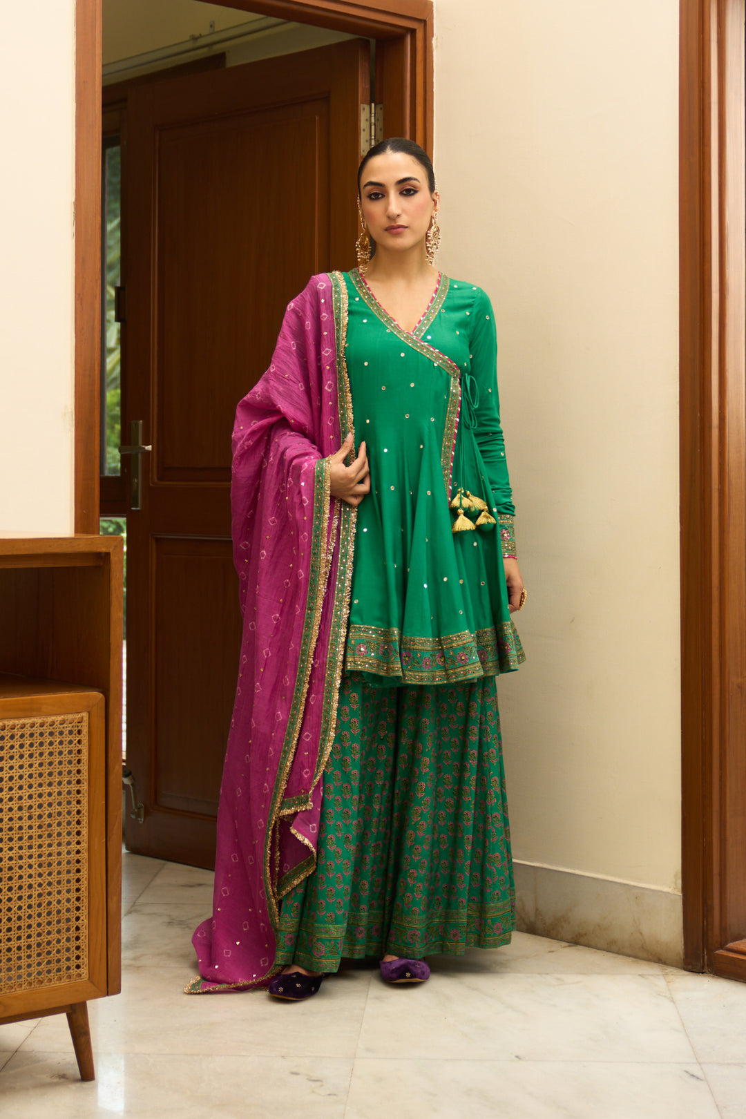 Saanjh block printed green angrakha with sharara and bandhej dupatta( set of 3)