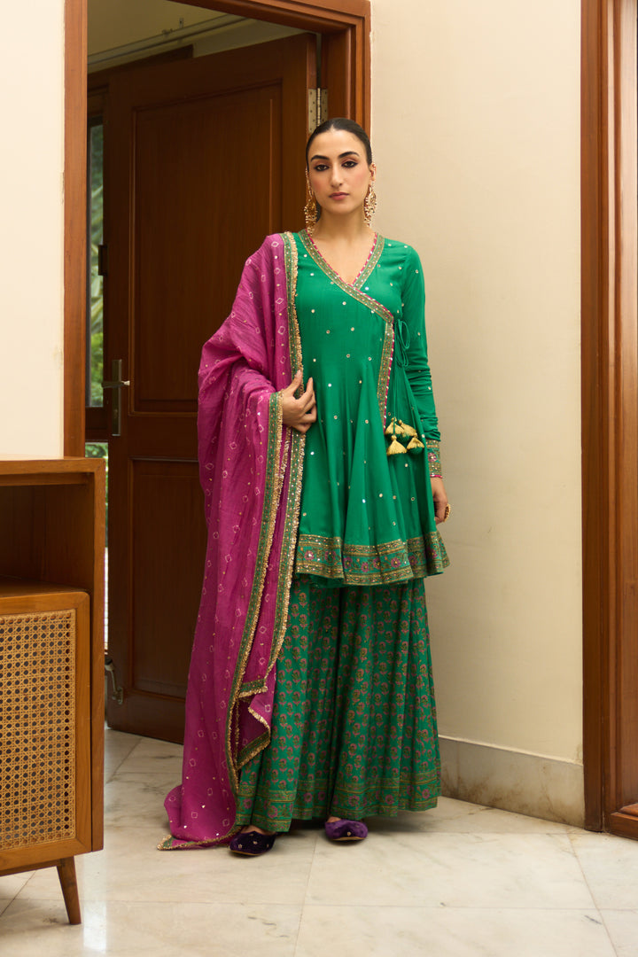 Saanjh block printed green angrakha with sharara and bandhej dupatta( set of 3)