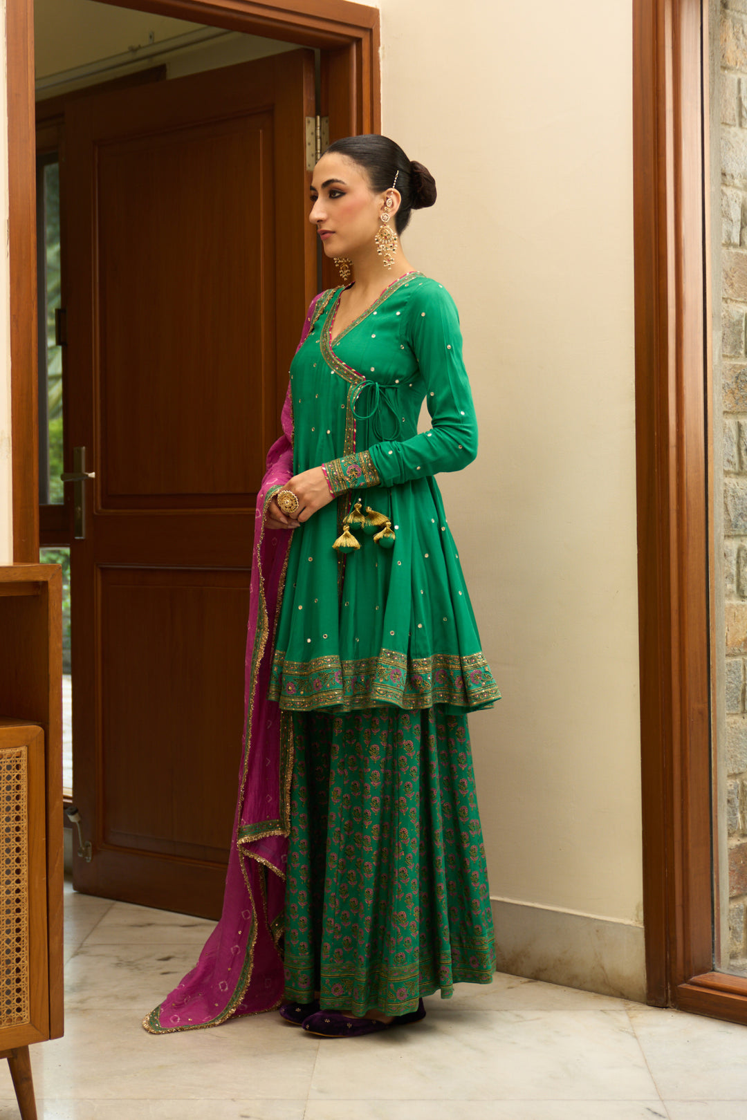 Saanjh block printed green angrakha with sharara and bandhej dupatta( set of 3)
