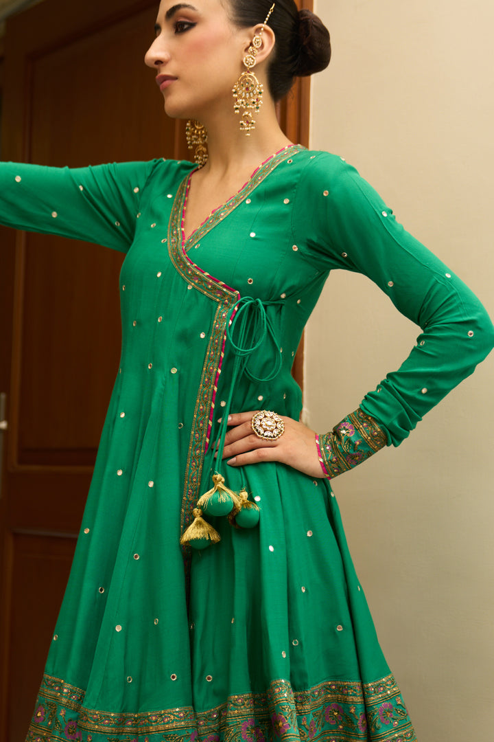 Saanjh block printed green angrakha with sharara and bandhej dupatta( set of 3)