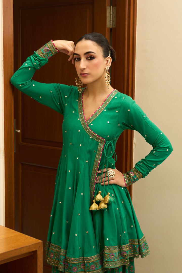 Saanjh block printed green angrakha with sharara and bandhej dupatta( set of 3)