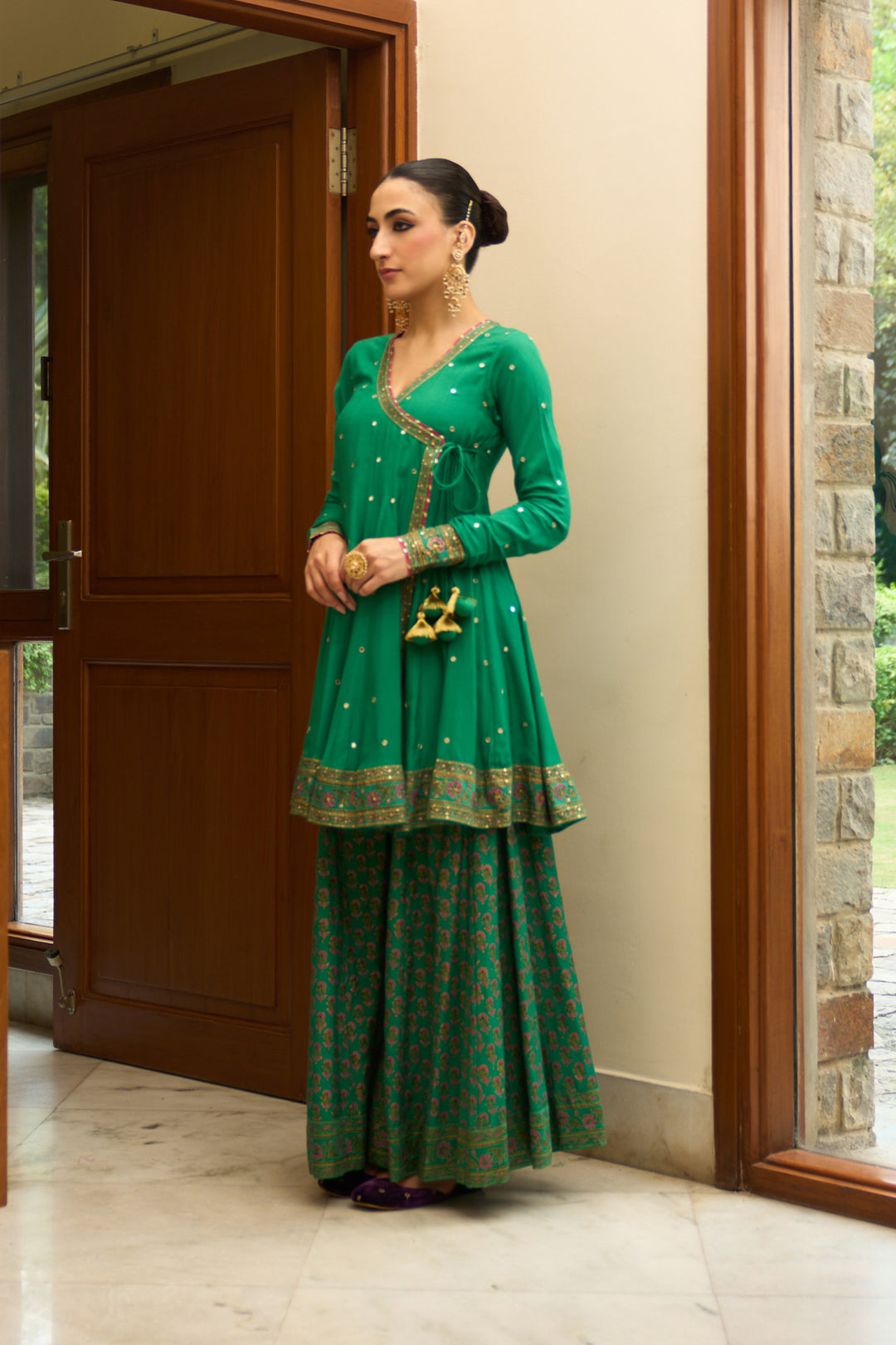 Saanjh block printed green angrakha with sharara and bandhej dupatta( set of 3)