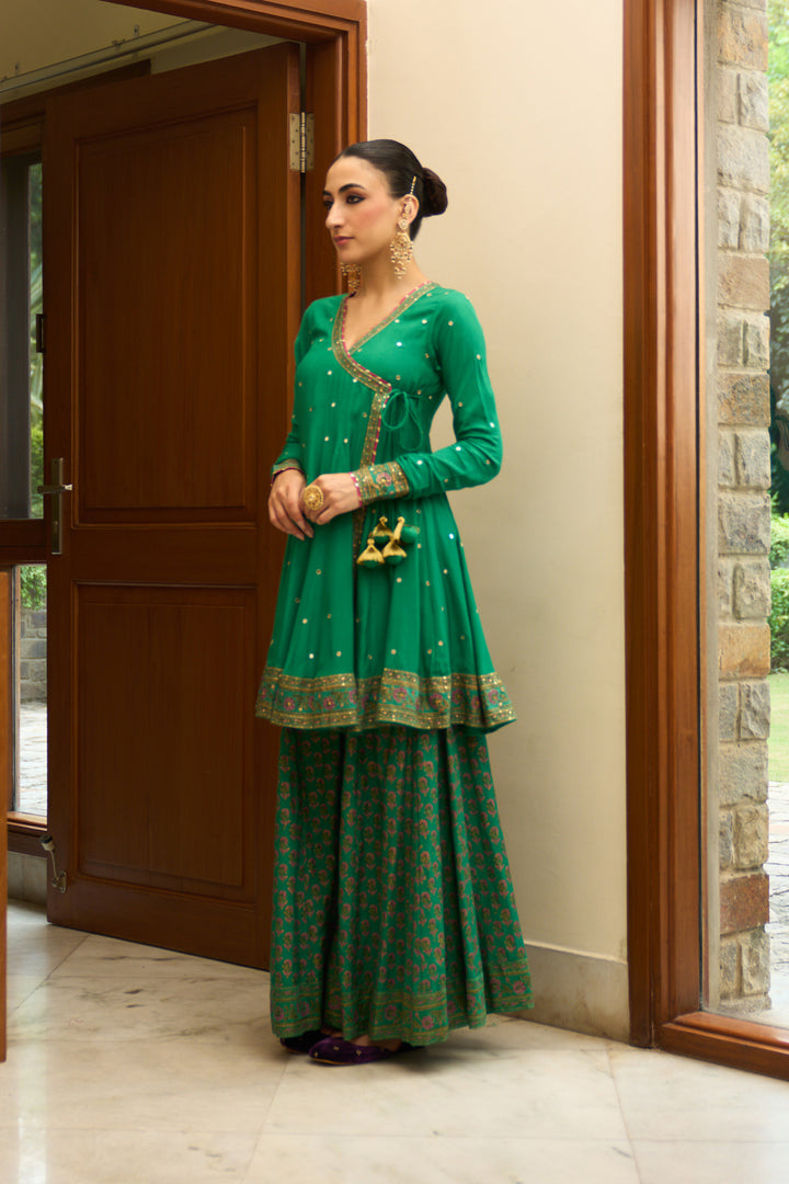 Saanjh block printed green angrakha with sharara and bandhej dupatta( set of 3)