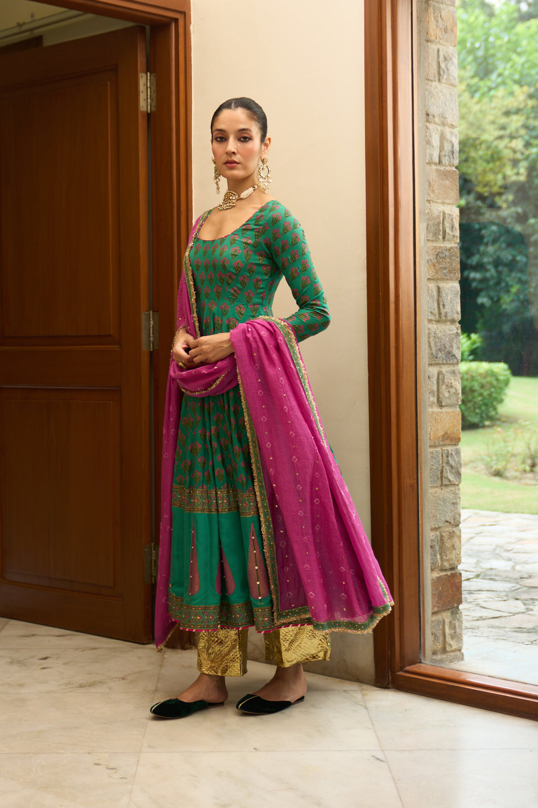Saanjh block printed green anarkali with palazzo and bandhej dupatta ( set of 3)