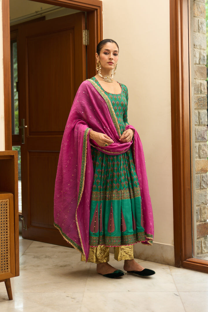Saanjh block printed green anarkali with palazzo and bandhej dupatta ( set of 3)
