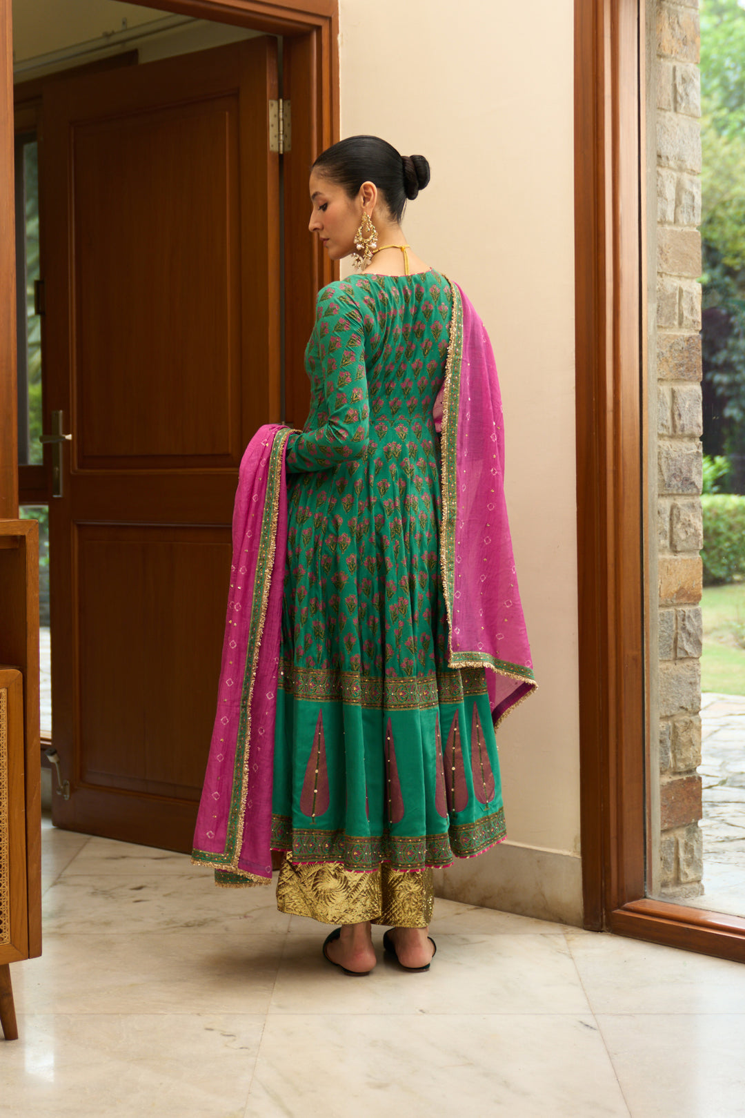 Saanjh block printed green anarkali with palazzo and bandhej dupatta ( set of 3)