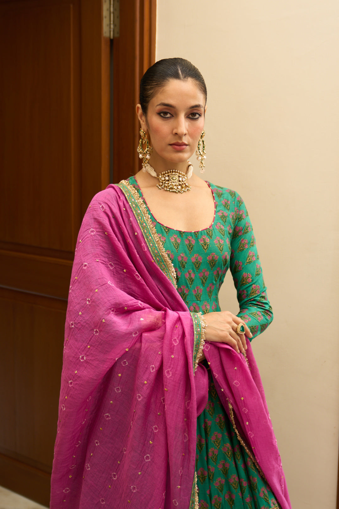 Saanjh block printed green anarkali with palazzo and bandhej dupatta ( set of 3)