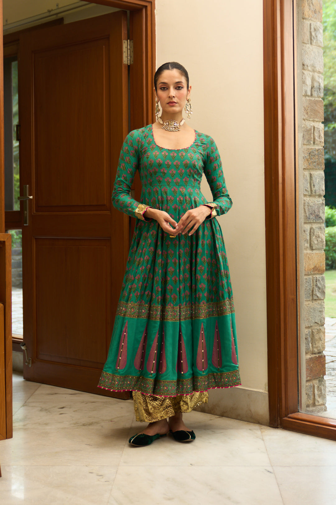 Saanjh block printed green anarkali with palazzo and bandhej dupatta ( set of 3)