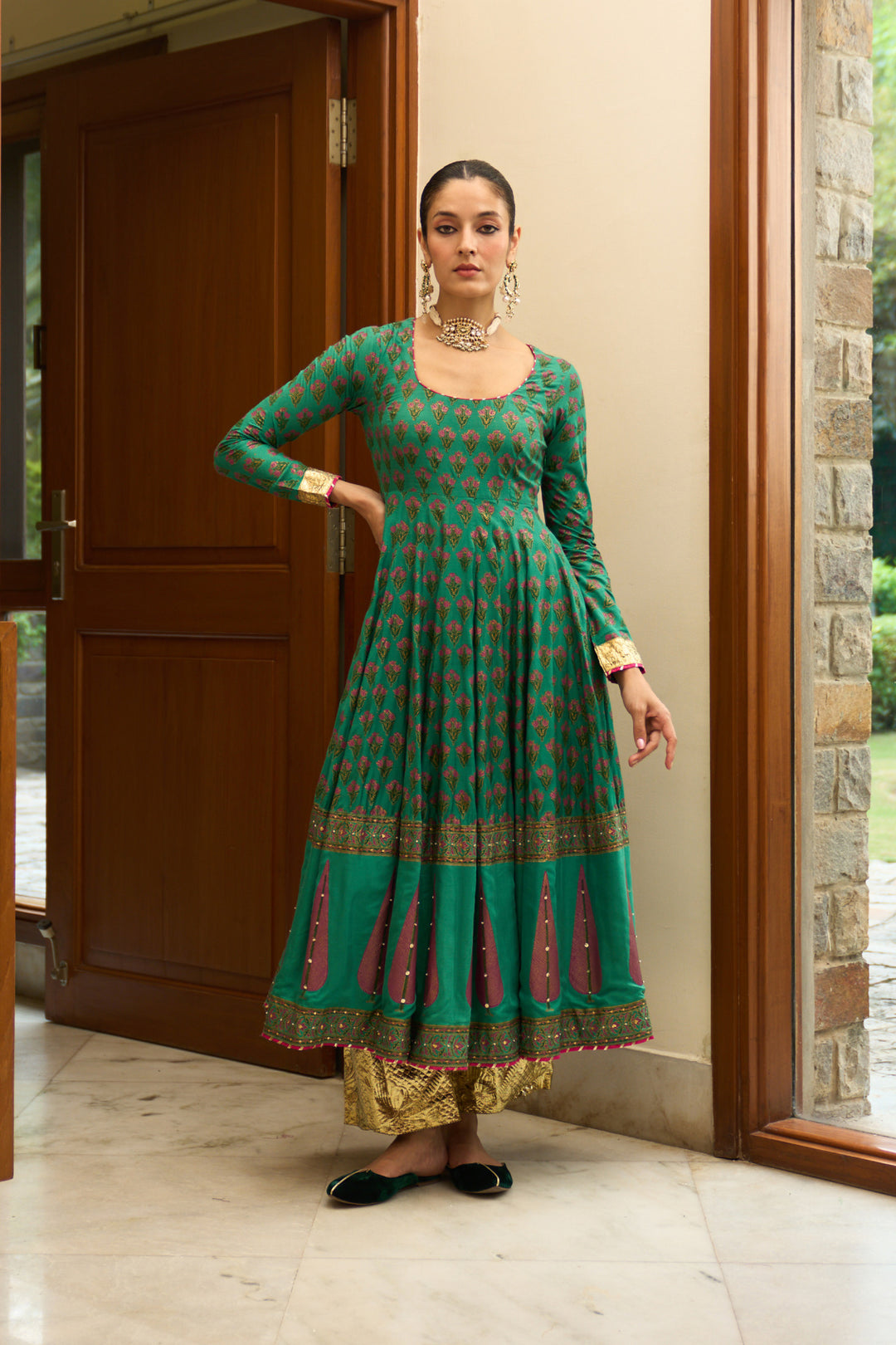 Saanjh block printed green anarkali with palazzo and bandhej dupatta ( set of 3)