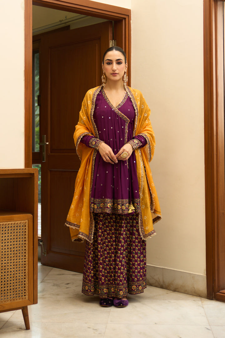 Saanjh block printed purple angrakha with sharara and bandhej dupatta( set of 3)