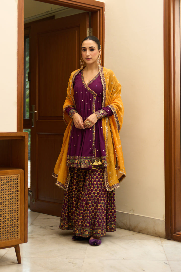 Saanjh block printed purple angrakha with sharara and bandhej dupatta( set of 3)