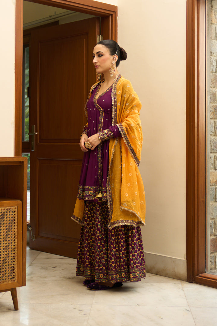 Saanjh block printed purple angrakha with sharara and bandhej dupatta( set of 3)