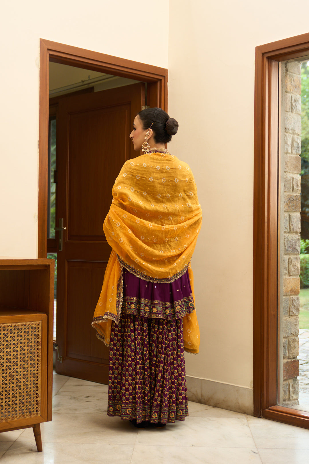 Saanjh block printed purple angrakha with sharara and bandhej dupatta( set of 3)