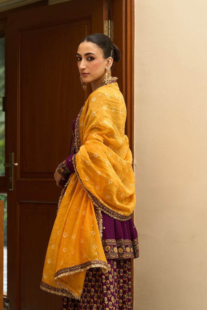 Saanjh block printed purple angrakha with sharara and bandhej dupatta( set of 3)