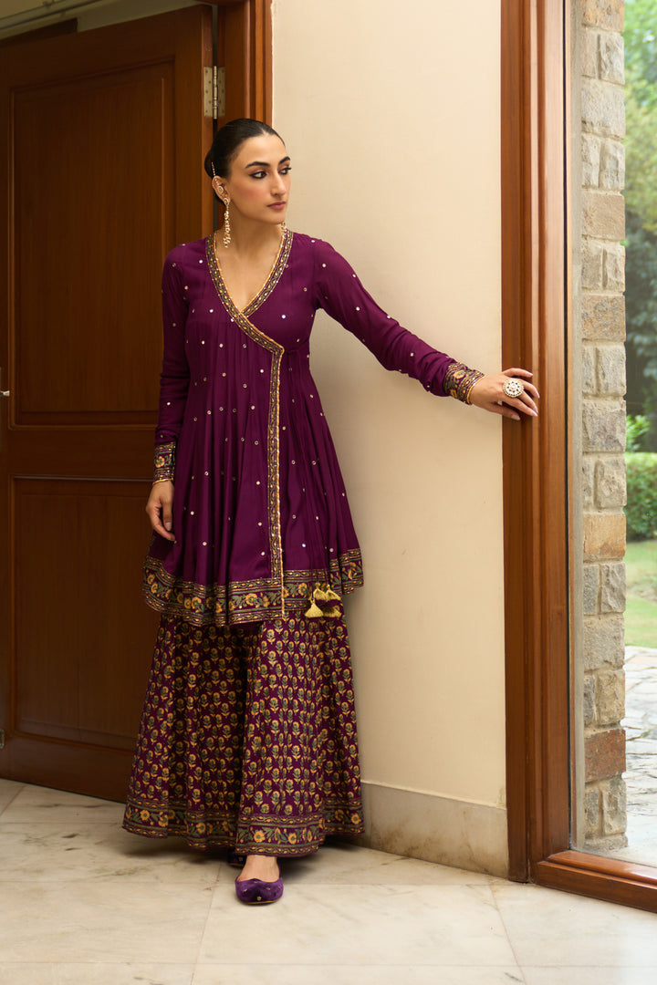 Saanjh block printed purple angrakha with sharara and bandhej dupatta( set of 3)
