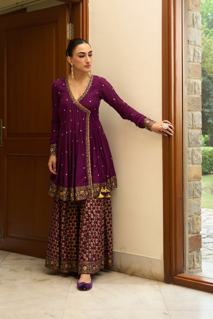 Saanjh block printed purple angrakha with sharara and bandhej dupatta( set of 3)