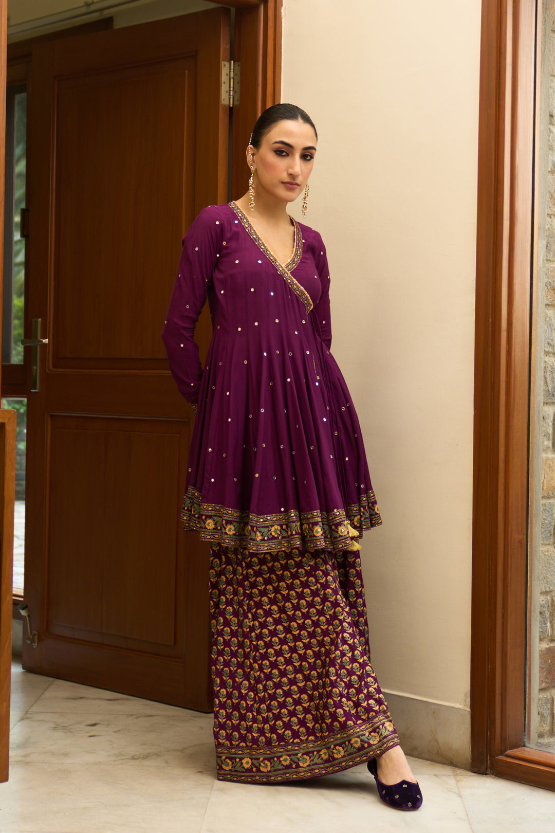 Saanjh block printed purple angrakha with sharara and bandhej dupatta( set of 3)