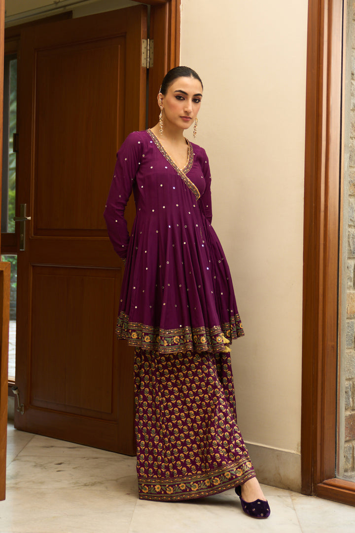 Saanjh block printed purple angrakha with sharara and bandhej dupatta( set of 3)